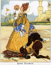 Sir Walter Raleigh legt seinen Mantel vor Königin Elisabeth I. über eine Pfütze, 1936